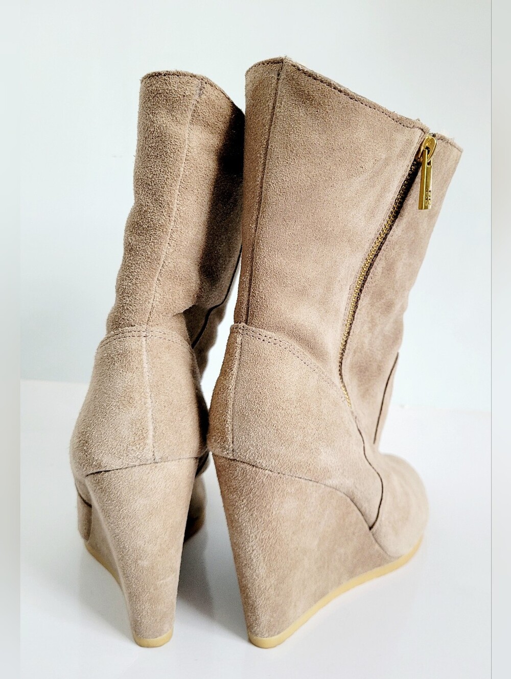 Coach Danee Taupe Suede Shearling Wedge Ankle Boots with Side Zip 10 - Picture 14 of 16
